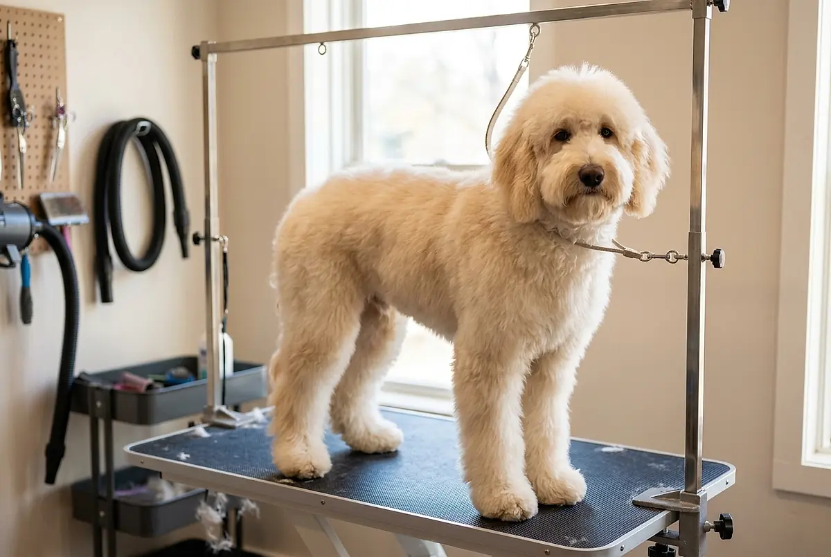 A fluffy cream doodle standing on the grooming table after a blowout.