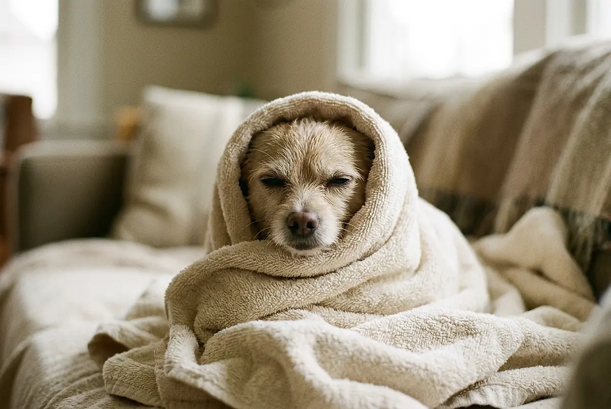 A small dog wrapped in a towel with only its head showing.