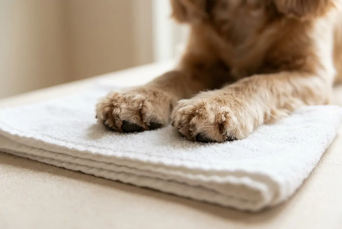 A dog's freshly trimmed paws resting on a clean towel.