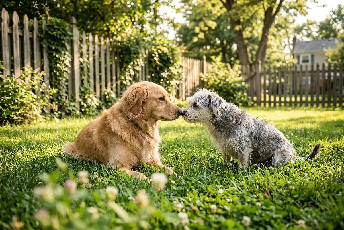 Two dogs touching noses in the yard.
