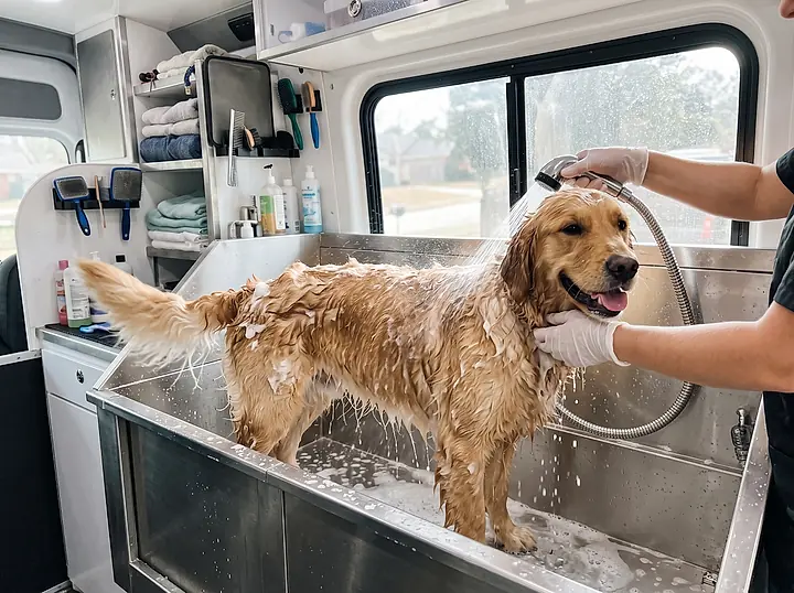 A golden retriever standing in the grooming tub inside the van, wet and soapy