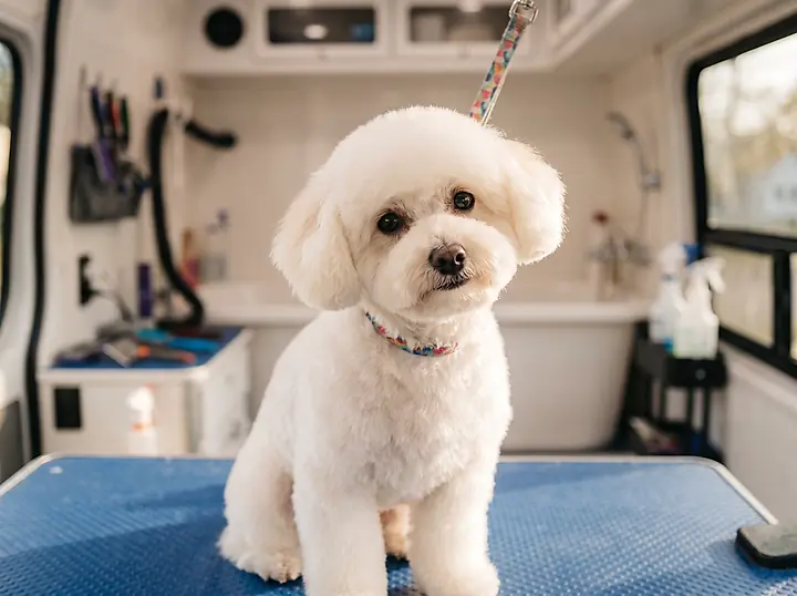 A freshly trimmed small white dog sitting on the grooming table