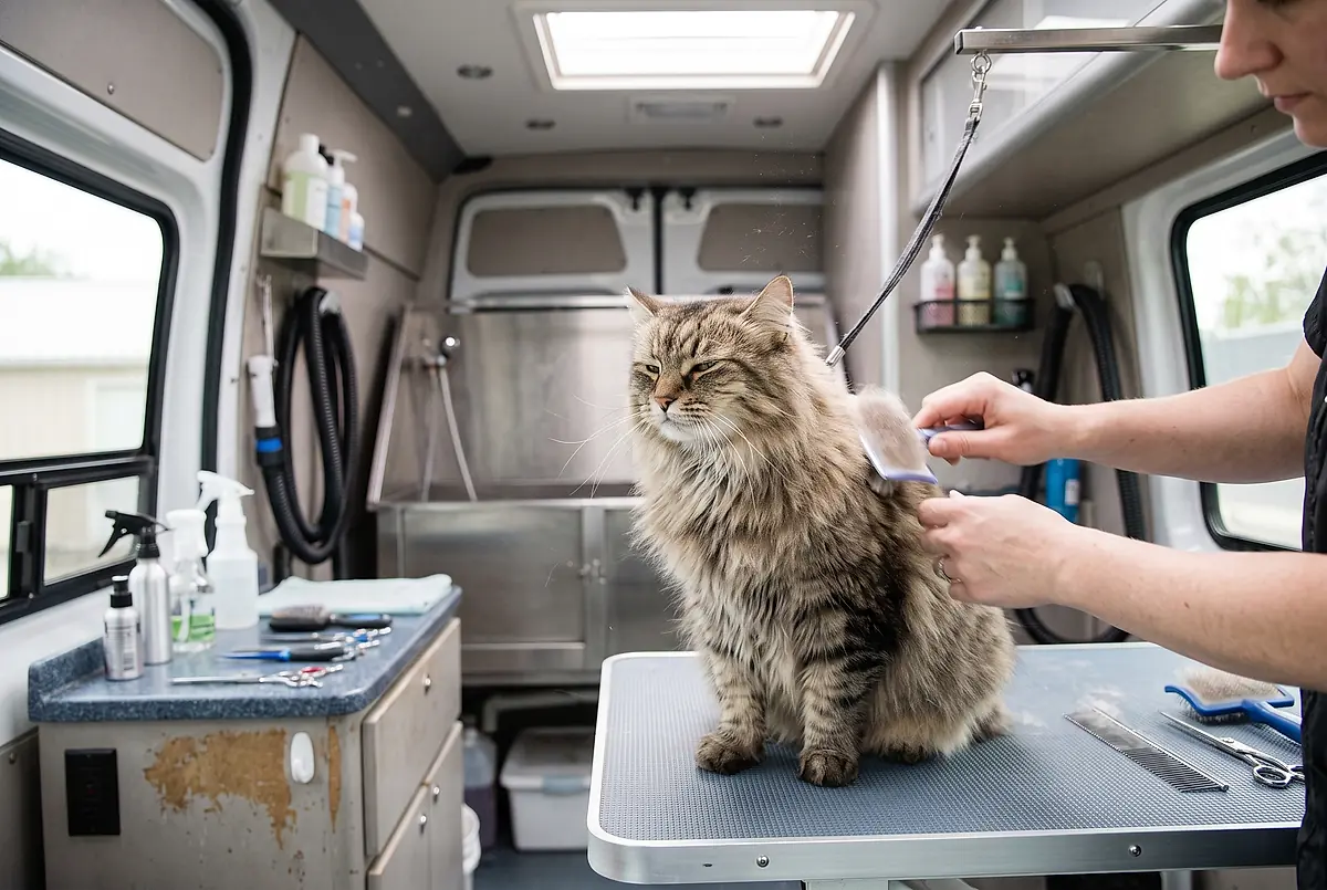 A long-haired cat sitting calmly while being brushed on the grooming table