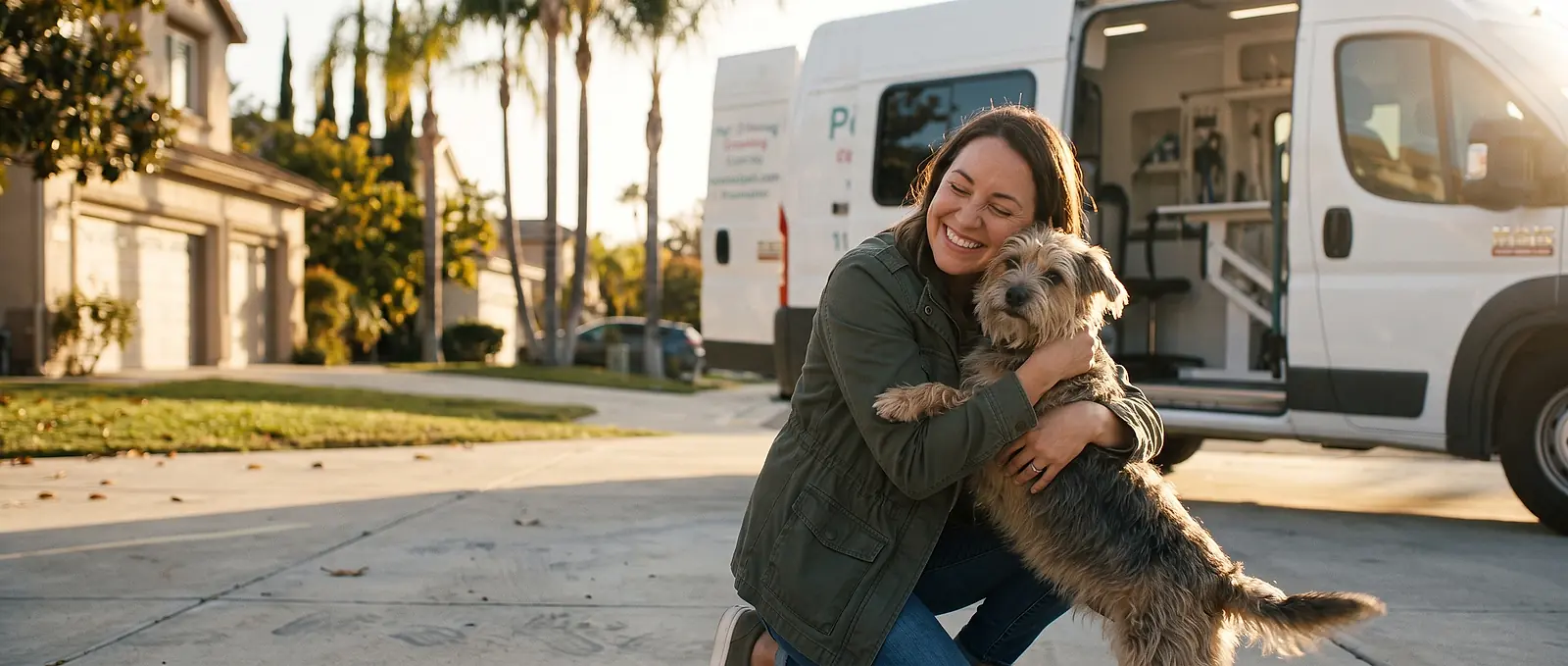 A woman kneeling on her driveway to hug her small terrier beside the grooming van