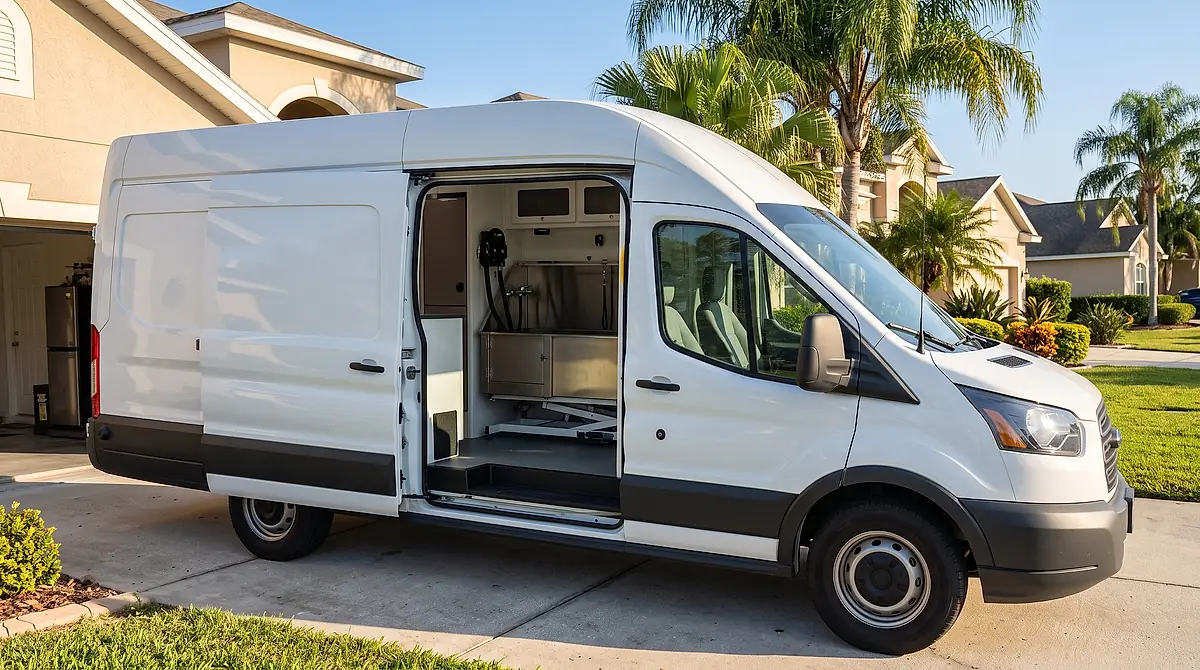 A clean white mobile grooming van parked in a driveway with its side door open