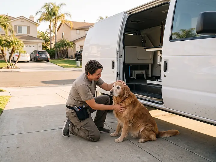A groomer kneeling on the driveway to settle an older dog beside the van