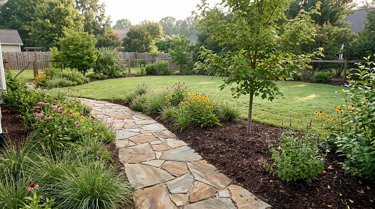 A stone path curving through a planted Raleigh backyard, native grasses and a young maple either side