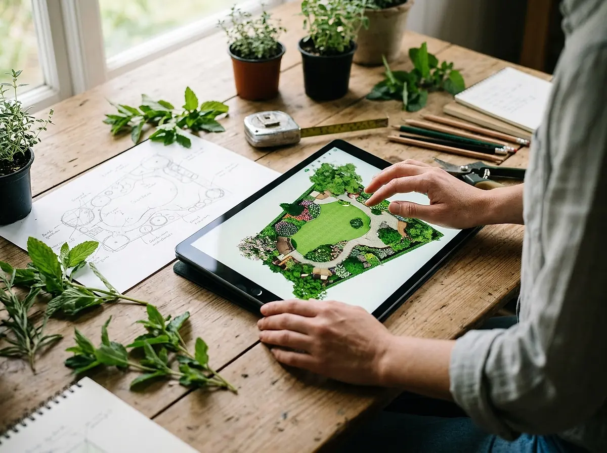 A landscape designer working over a tablet showing a coloured 3D garden plan, plant samples and a pencil sketch beside her