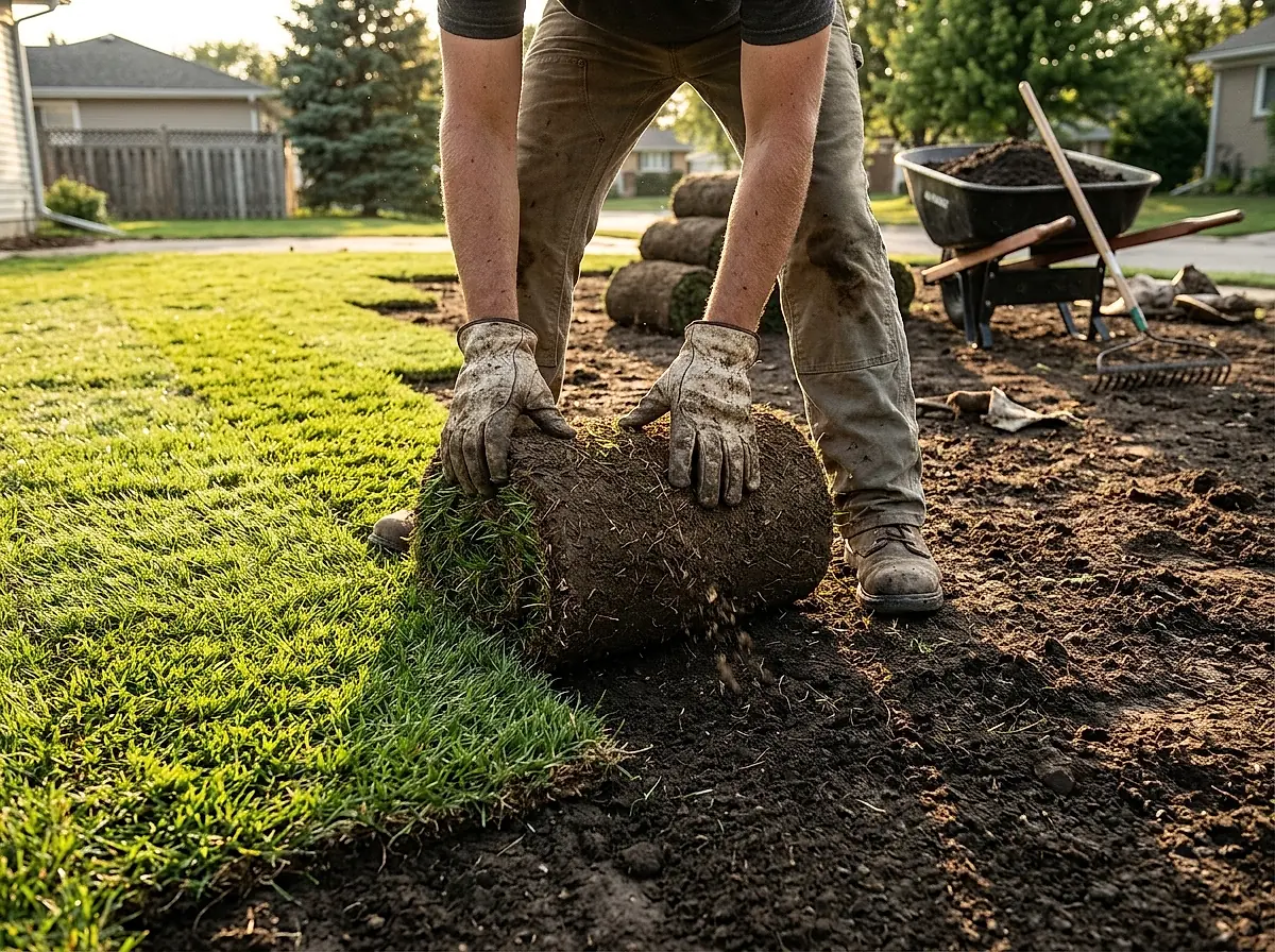 A crew member in work gloves laying a roll of fresh sod onto prepared soil