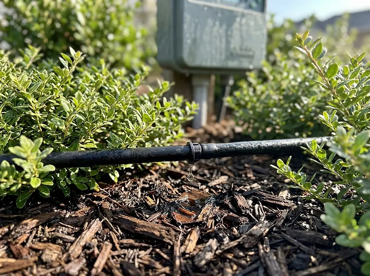 A drip irrigation line running along a planting bed, water beading at one emitter