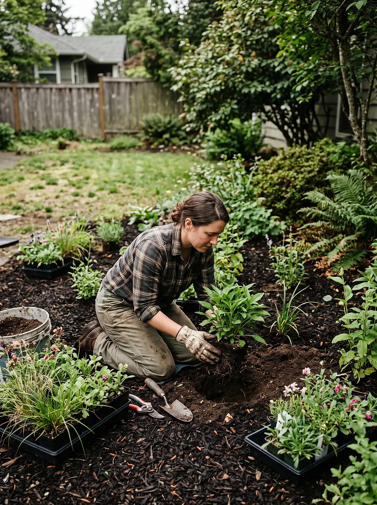 Alicia Monroe kneeling in a planting bed, setting a native perennial into the soil