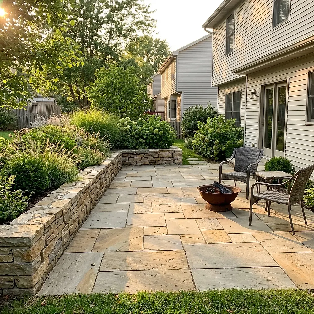 A flagstone patio with a low wall, planted borders and a fire bowl