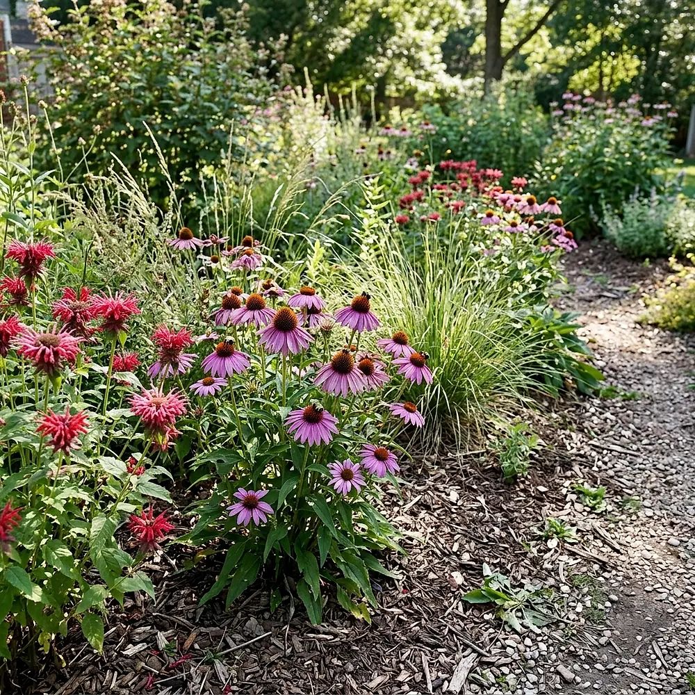 Coneflowers and bee balm in a mulched bed along a gravel path