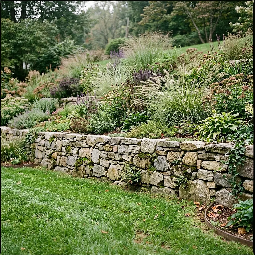 A natural stone retaining wall with terraced planting above it