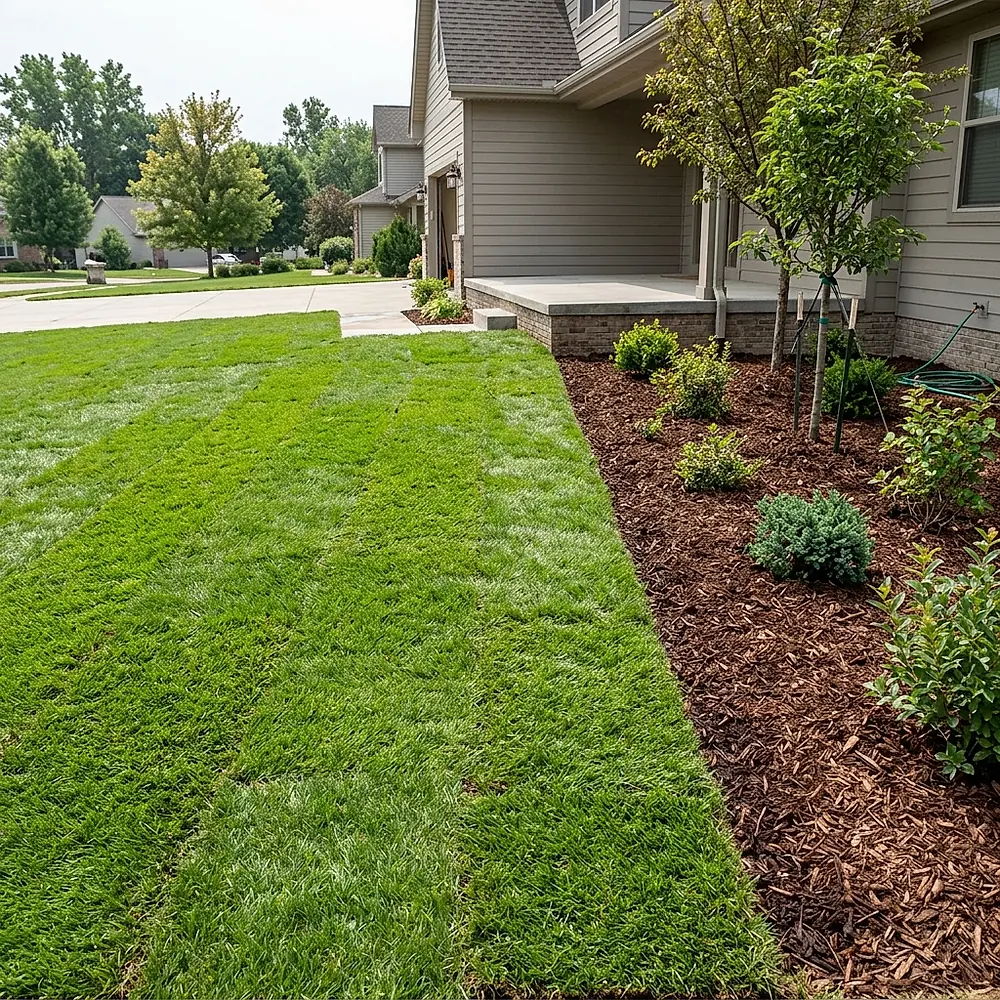 A freshly laid sod lawn with a crisp edge against a mulched bed of young shrubs