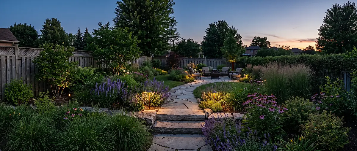 A designed garden at dusk, warm uplights picking out grasses and shrubs along a stone path