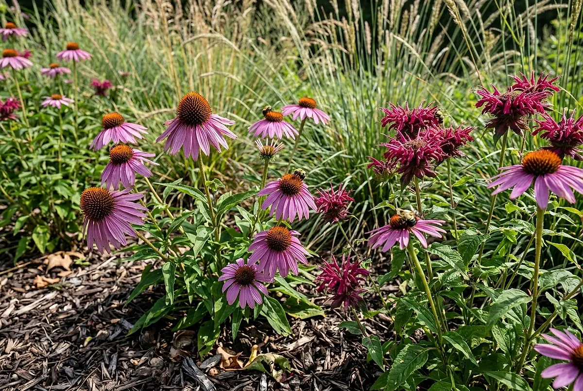 Coneflowers and bee balm in flower, with bees working the blooms