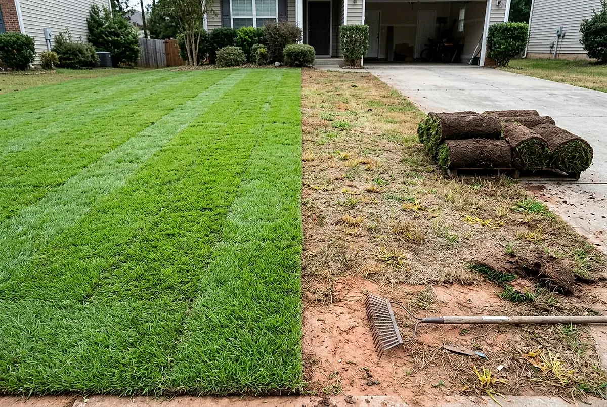 Half a front lawn rebuilt with fresh sod, the other half still bare, thin grass