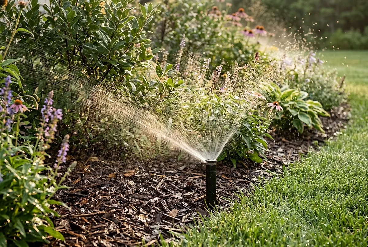 A pop-up sprinkler watering a planting bed of shrubs in the early morning