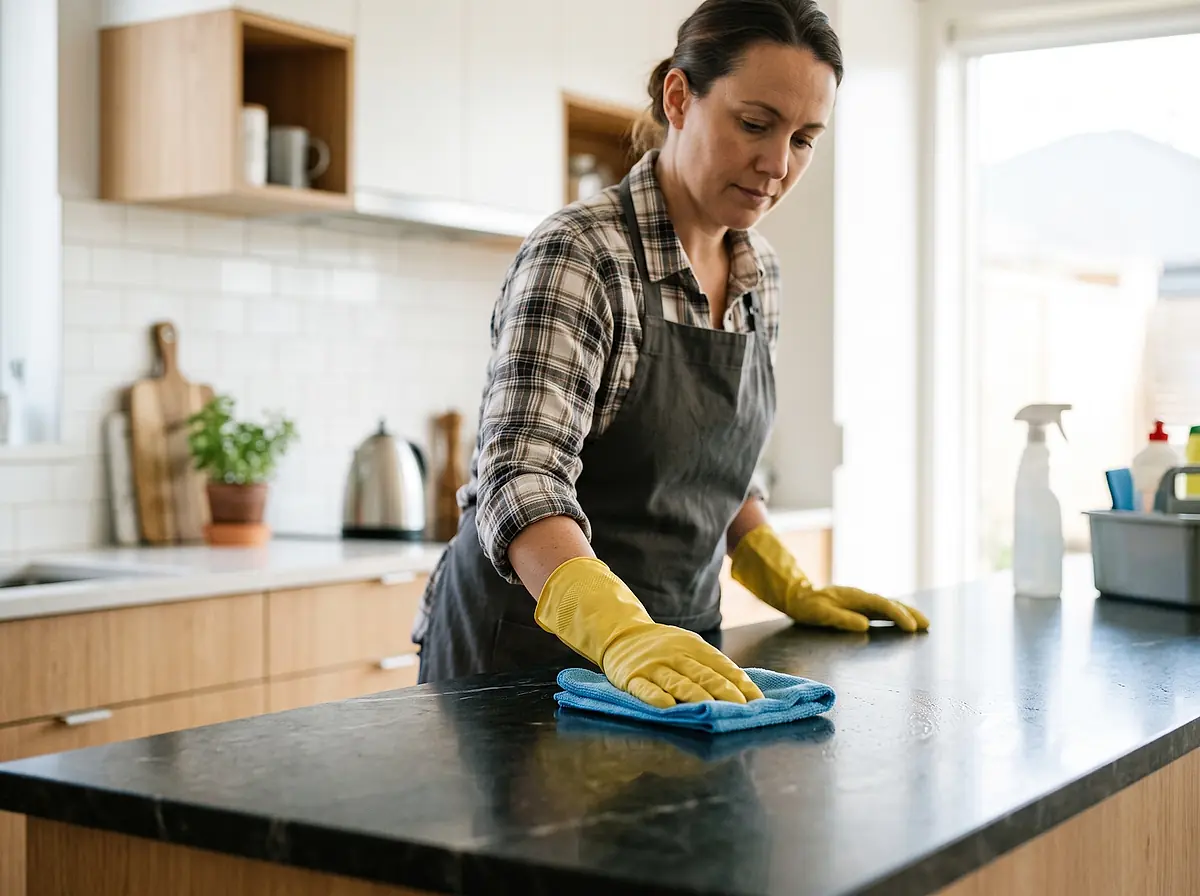 A cleaner in a dark apron and yellow gloves wiping a kitchen counter in a bright home.