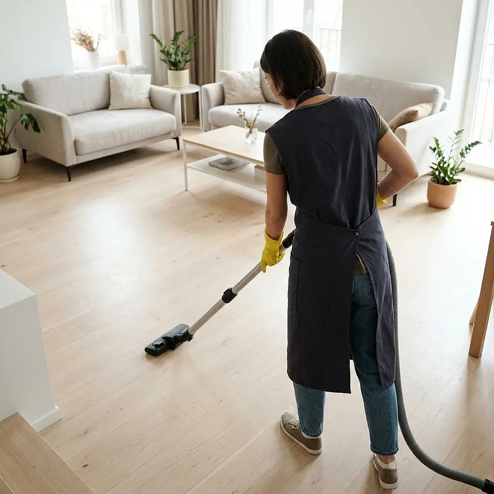 A cleaner vacuuming a wooden floor in a bright living room.
