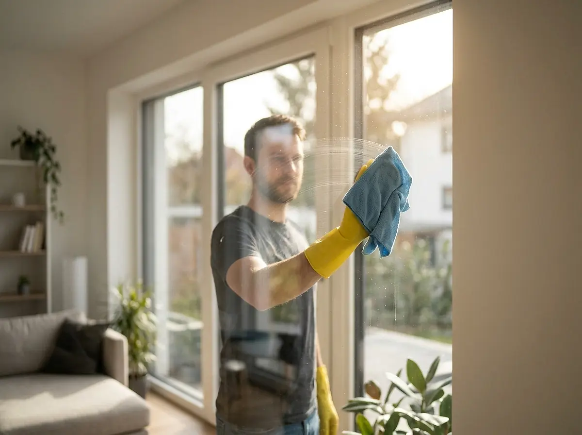 A cleaner wiping a large window with a cloth.