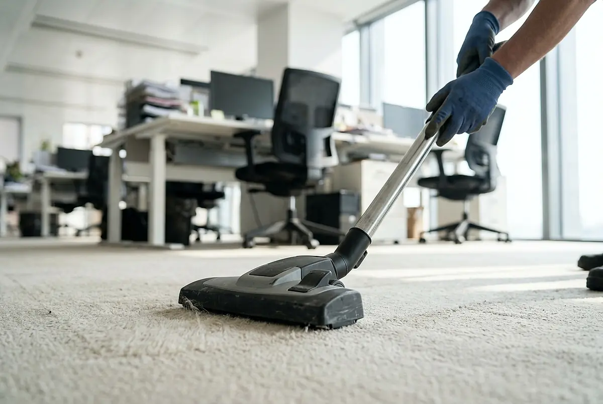 A vacuum being pushed across an office carpet.