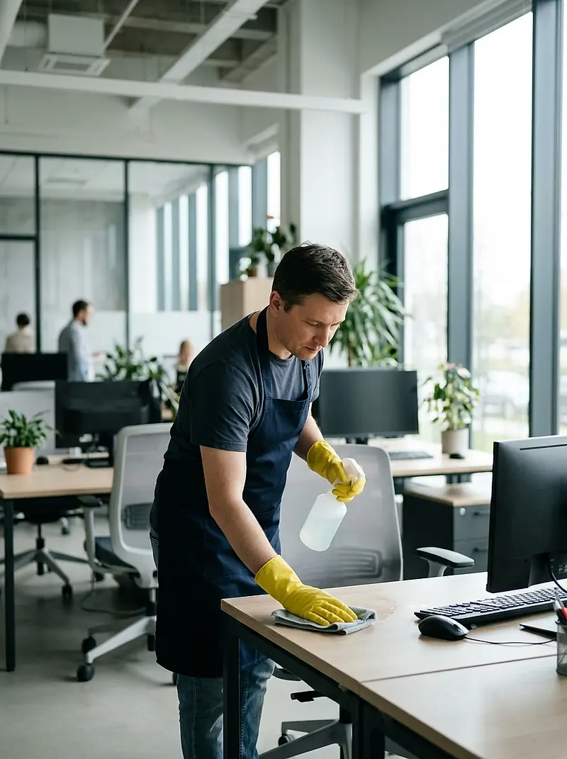 A cleaner wiping a desk in a bright office.