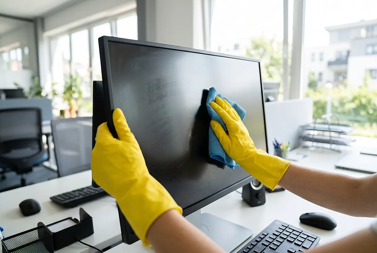 Gloved hands wiping a computer monitor with a cloth.