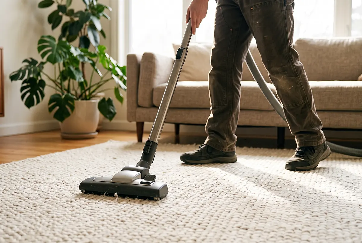 A cleaner vacuuming a rug in a sunlit living room.