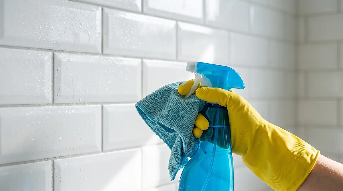 A gloved hand holding a spray bottle and a cloth while cleaning tiles.
