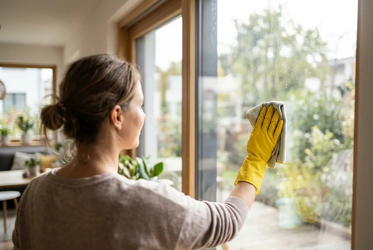 A woman cleaning a window with a cloth and looking out.
