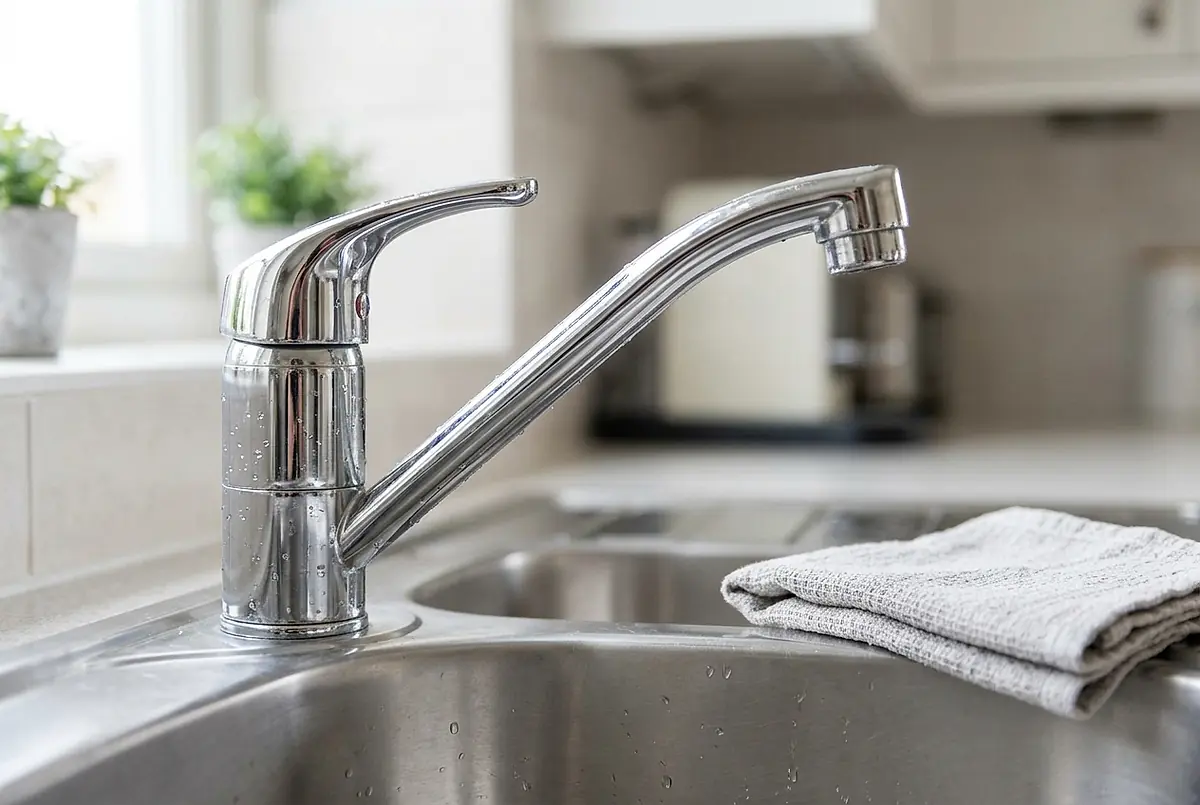 A clean kitchen sink with a polished tap and a folded cloth.
