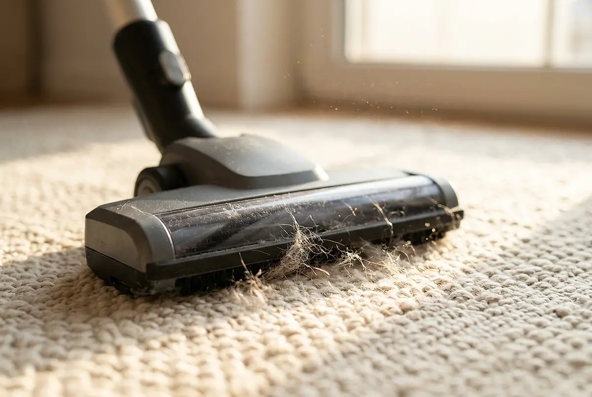 A vacuum head moving across a woven rug.
