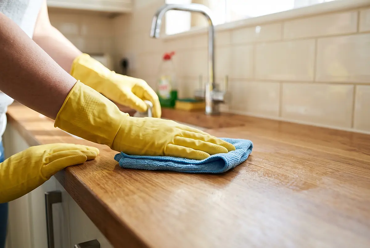 Two cleaners wiping a kitchen counter with cloths.